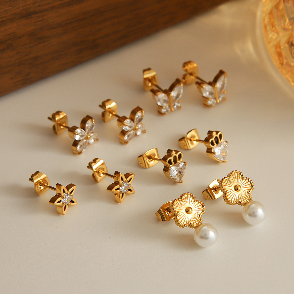 Minimalist Butterfly Star Pearl Earrings in Stainless Steel with Plated Finish