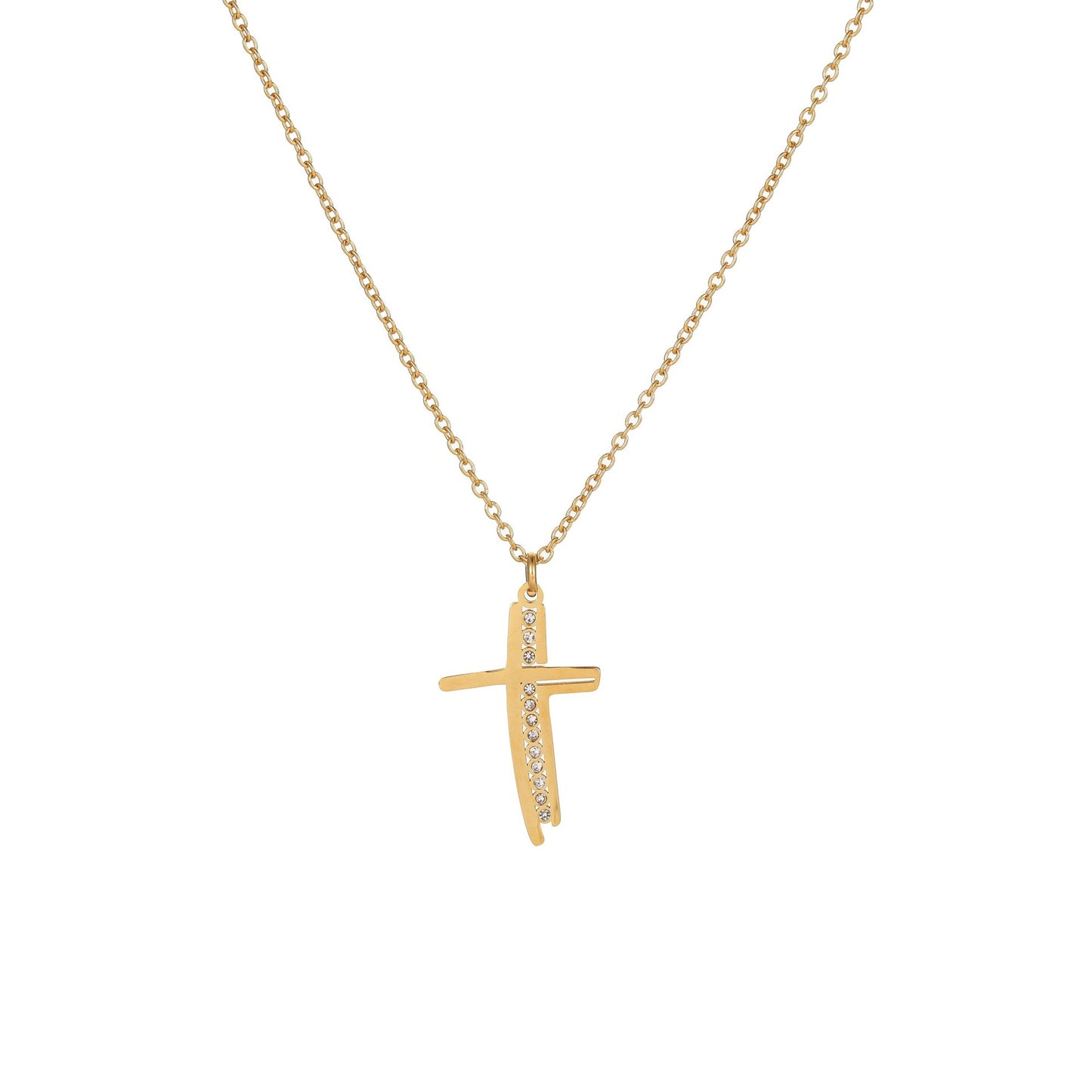 Elegante collar con colgante de cruz geométrica en acero inoxidable con baño de oro de 18K para mujer