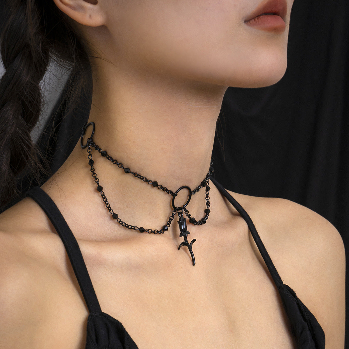 Gothic Dark Sweet and Cool Alloy Choker Necklace with Rose Pendant Geometric Shape Enamel Finish and Fringe Detail