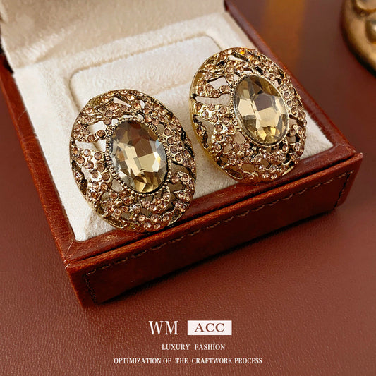 Orecchini a perno geometrici ovali traforati stile vintage con strass da donna con perni in acciaio inossidabile