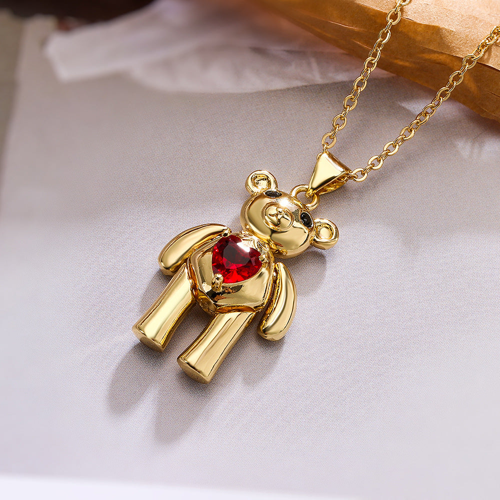 Cute Minimalist Bear-Shaped Copper Pendant Necklace with Real Gold Plating and Zircon Accents for Women