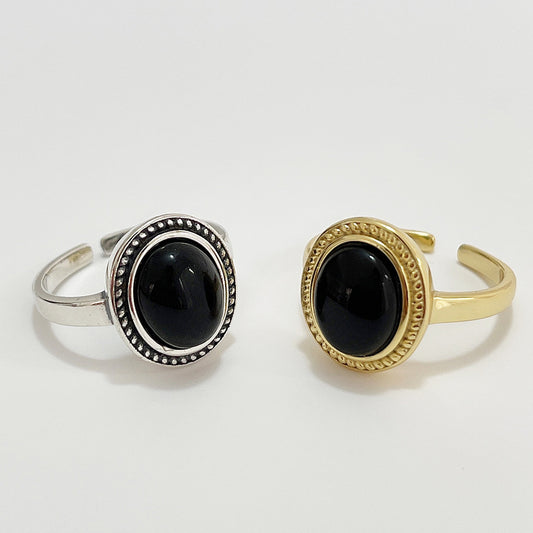 Anillo de Corazón de Plata Esterlina 925 Vintage con Incrustaciones de Ágata Negra, Banda Ajustable Geométrica para Mujer