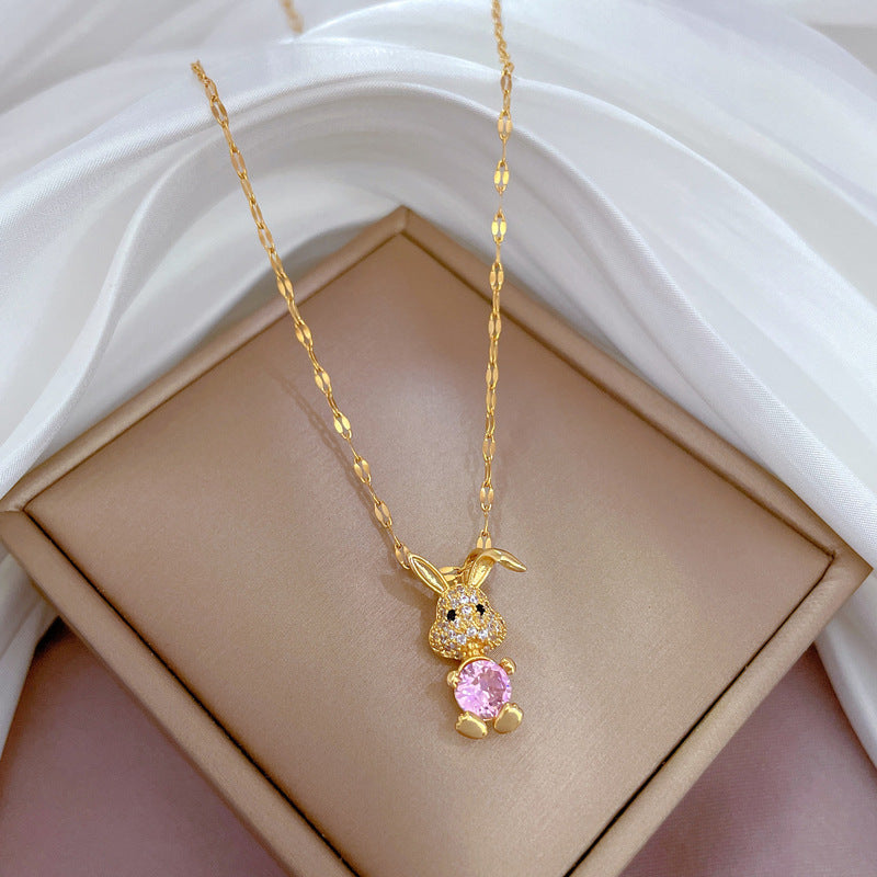 Luxury Rabbit Pendant Clavicle Chain in Titanium Steel with Cubic Zirconia Inlay and Gold Plating