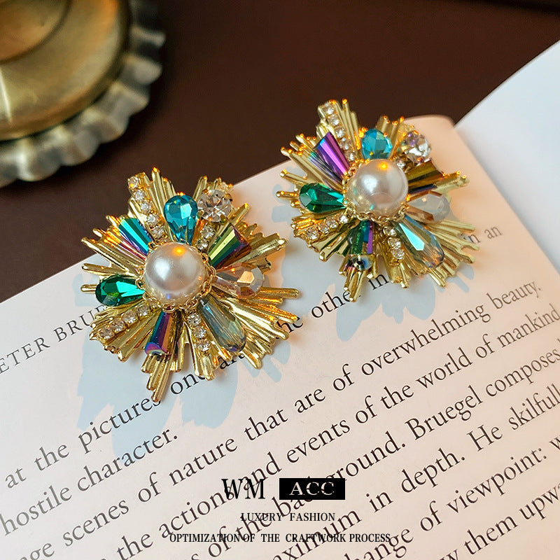 Vintage Floral Crystal Stud Earrings with Silver-Plated Steel Posts for Women