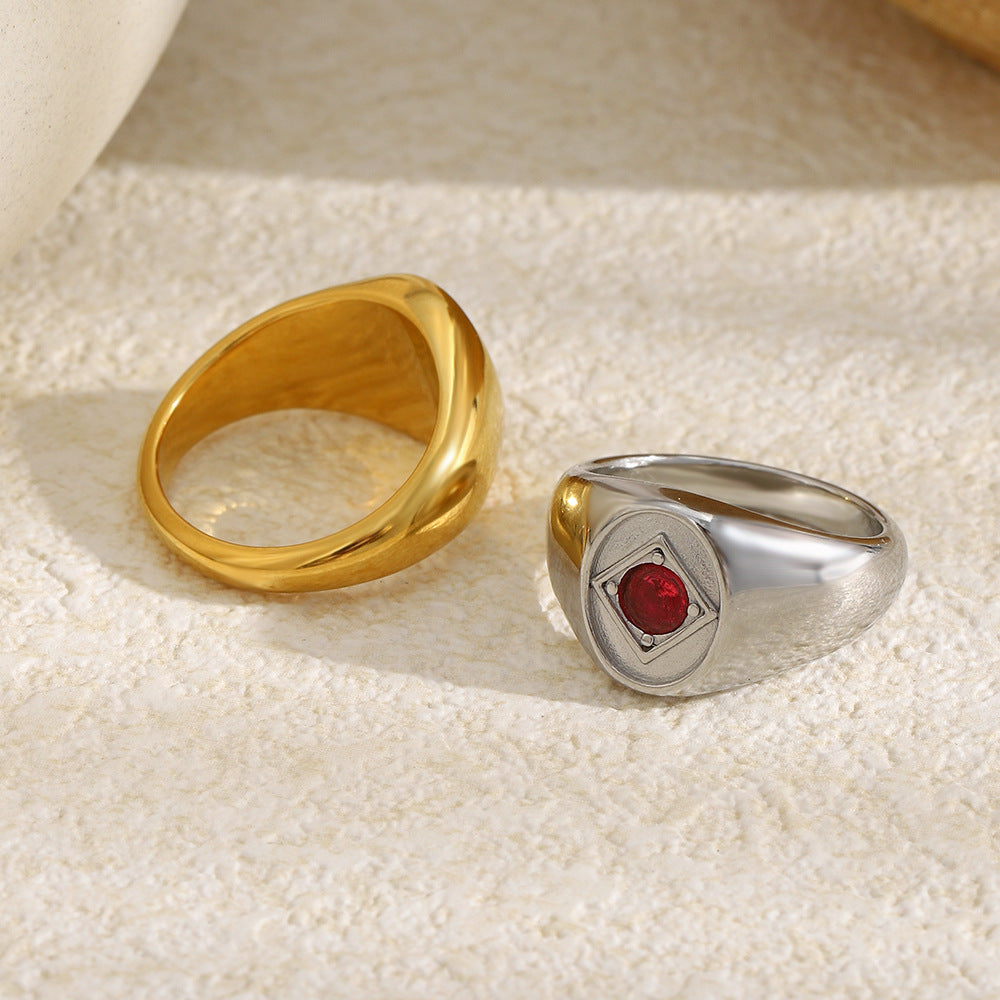 Vintage 18K Gold Plated Geometric Round Stainless Steel Ring with Red Rhinestone for Women