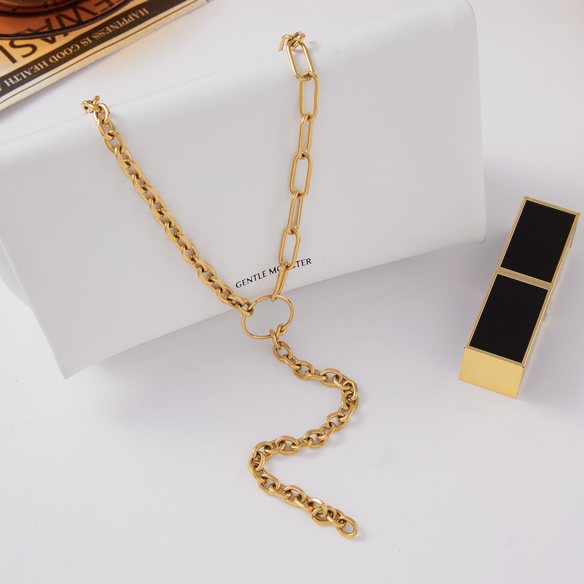 Collar geométrico en Y de acero inoxidable con baño de oro de 18 quilates, estilo lujo ligero para mujer