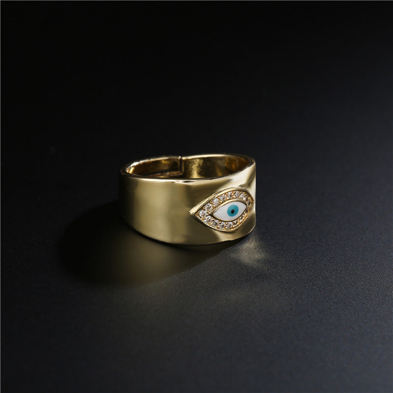Anello Aperto Occhio di Horo Geometrico Minimalista in Rame Placcato Oro 18K e Zirconi Micro Incastonati