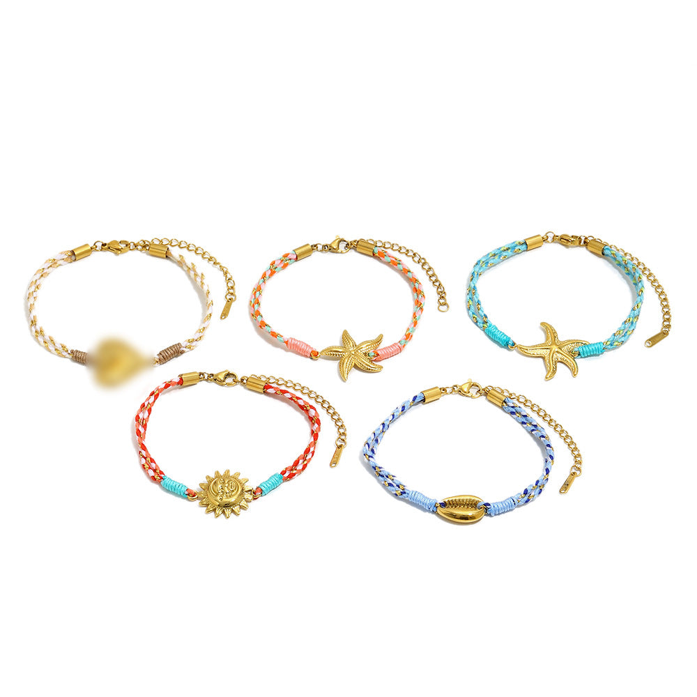 Bracciale Minimalista con Ciondolo a Stella Marina e Sole in Acciaio Inossidabile Placcato Oro 18K con Cordino Intrecciato