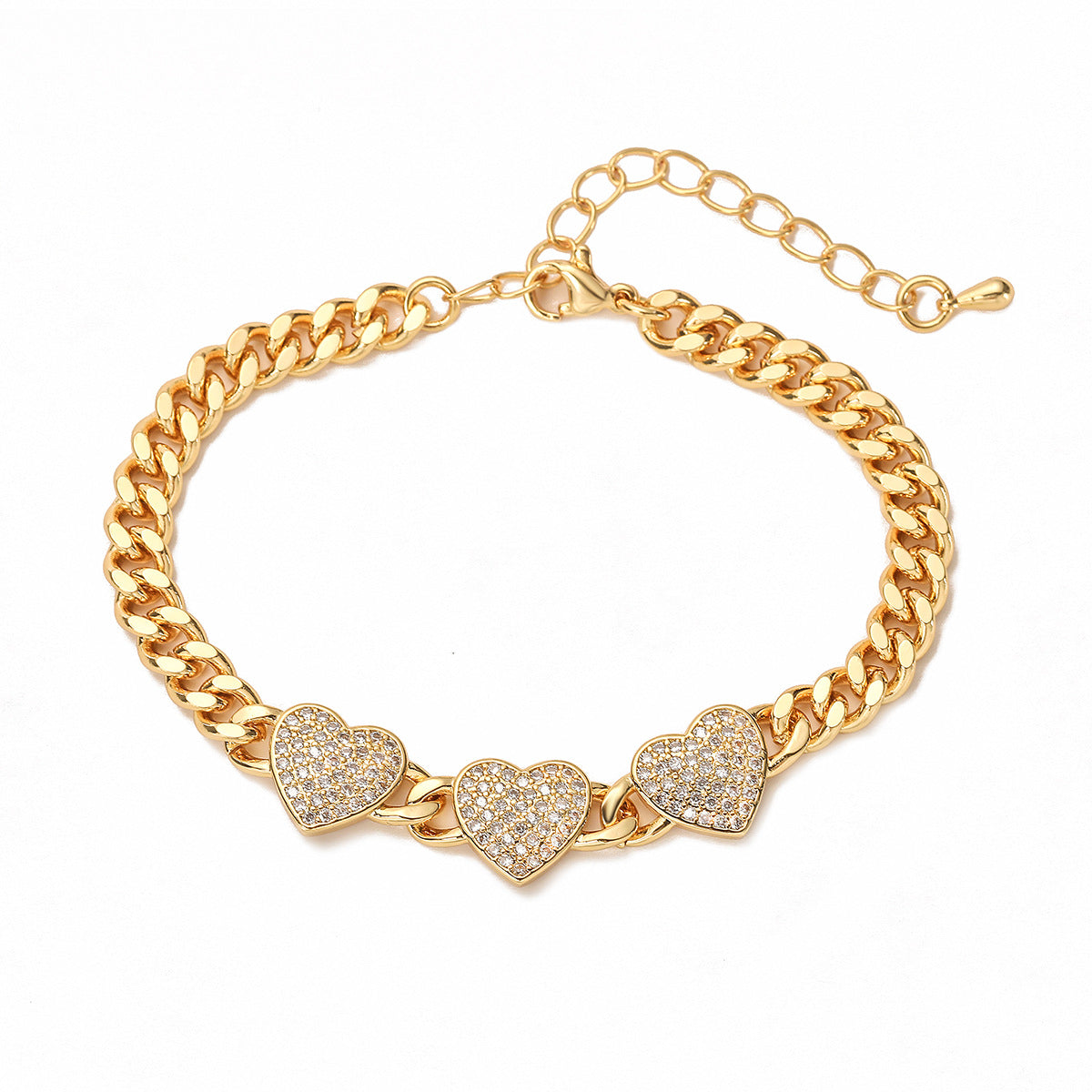 Fashionable Heart-Shaped Copper Bracelet with 18K Gold Plating and Zircon Accents for Women