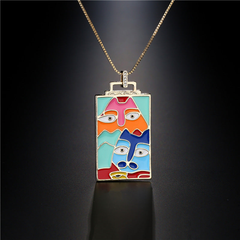 Geometric Brass Micro-Inlay Cubic Zirconia Drip Oil Pendant Necklace with Cable Chain