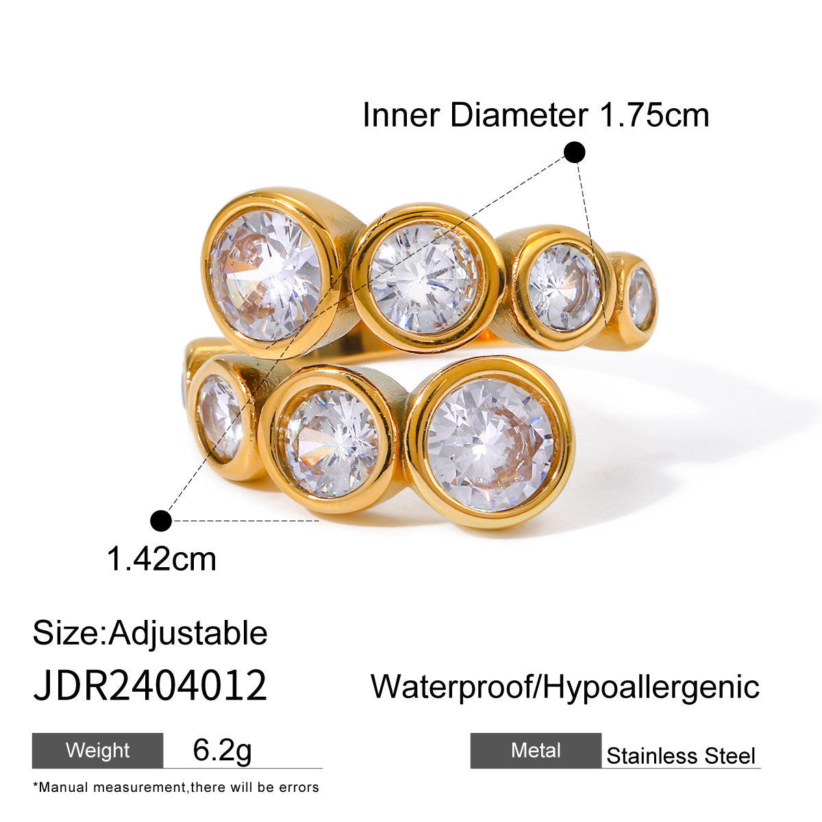Anello Aperto Rotondo Irregolare in Zircone in Acciaio Inossidabile Placcato Oro 18K Unisex alla Moda