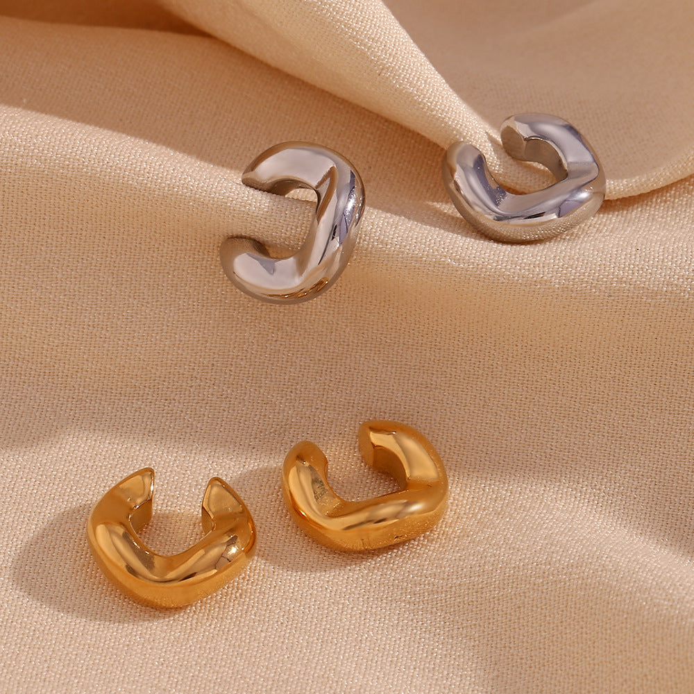 Minimalist Geometric Stainless Steel Ear Clips with 18K Gold Plating Thick C-Shaped Cutout Design for Women