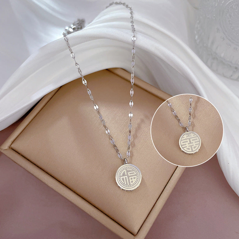 Titanium Steel Gold-Plated Double-Sided Feng Shui Pendant Necklace with Rhinestone Inlay for Women Locket Style Clavicle Chain