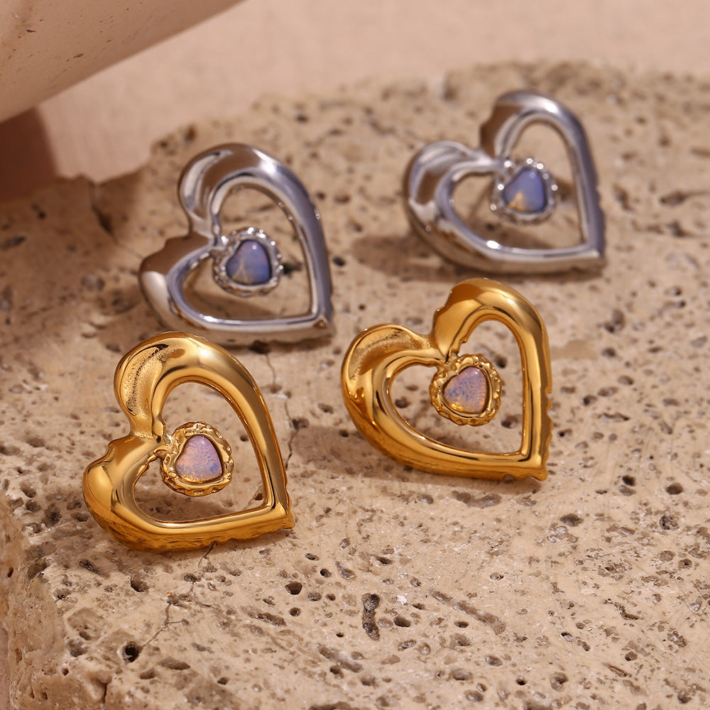 Sweet Hollow-Out Double-Layer Heart-Shaped Stainless Steel Earrings with 18K Gold Plating and Natural Stone Accents