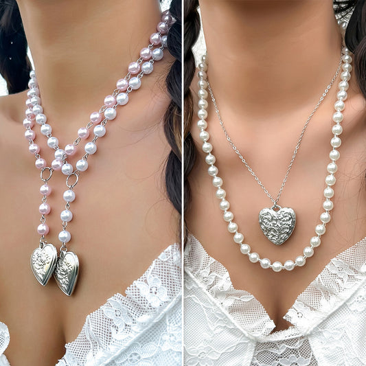 Collar con colgante de corazón dulce y atrevido para mujer, aleación con acabado de chapado en cadena de perlas