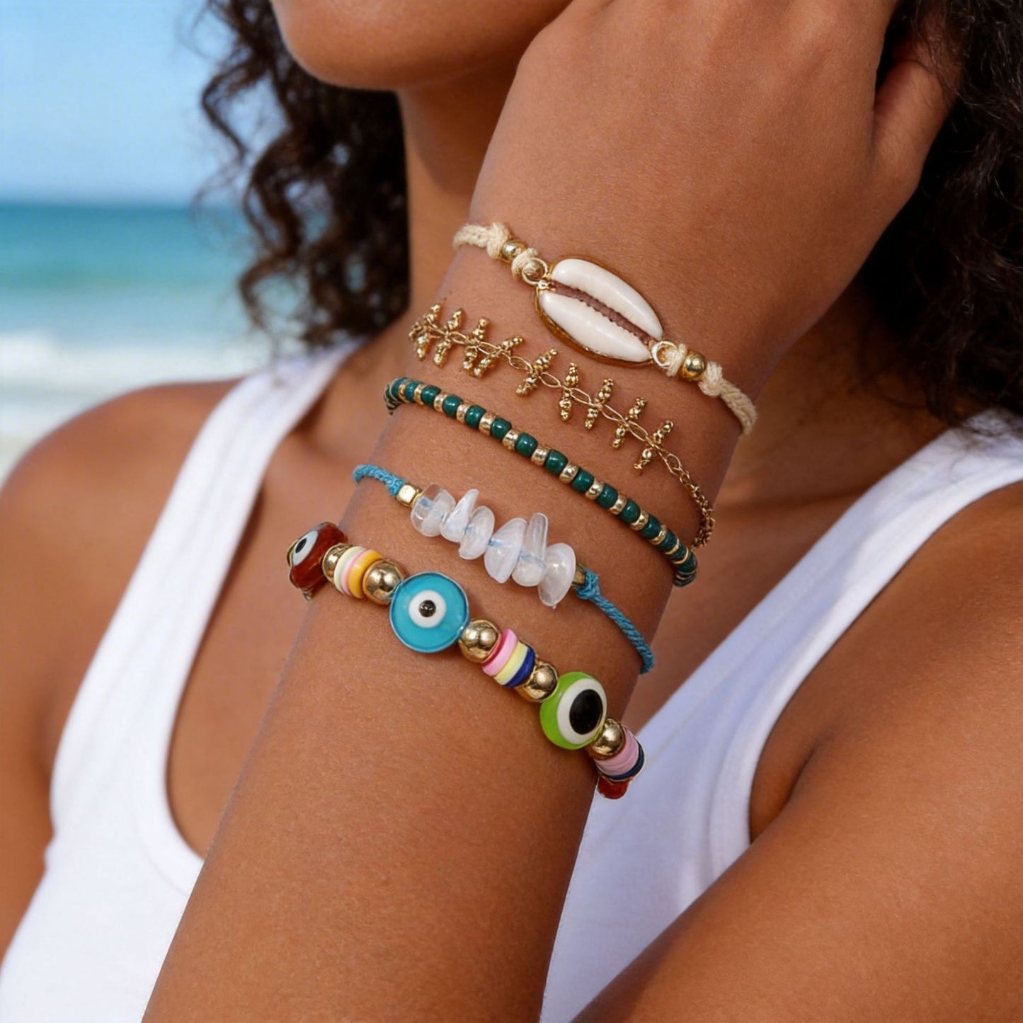 Bohemian Geometric Round Shell and Seed Bead Alloy Bracelet Set for Women