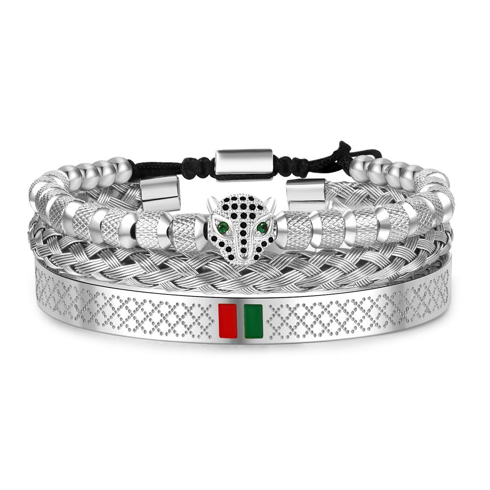Hip-hop Men's Brass Cubic Zirconia Leopard Head Stainless Steel Bracelet Cuff Set