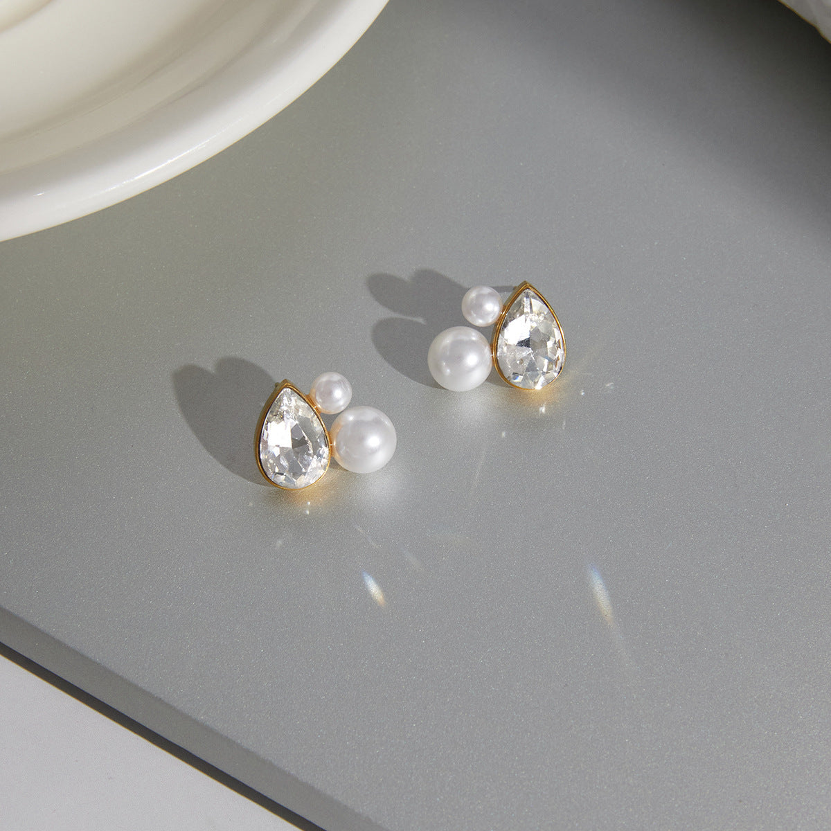 Elegant Geometric Teardrop Stainless Steel Earrings with Rhinestone and Imitation Pearl PVD Plated for Women