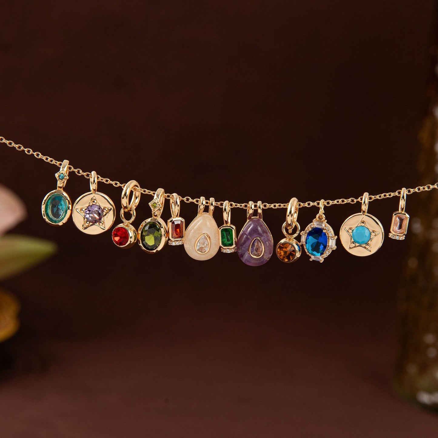 Vintage 18K Gold Plated Stainless Steel Geometric Birthstone Charm Bar Necklace PVD Plating Unisex