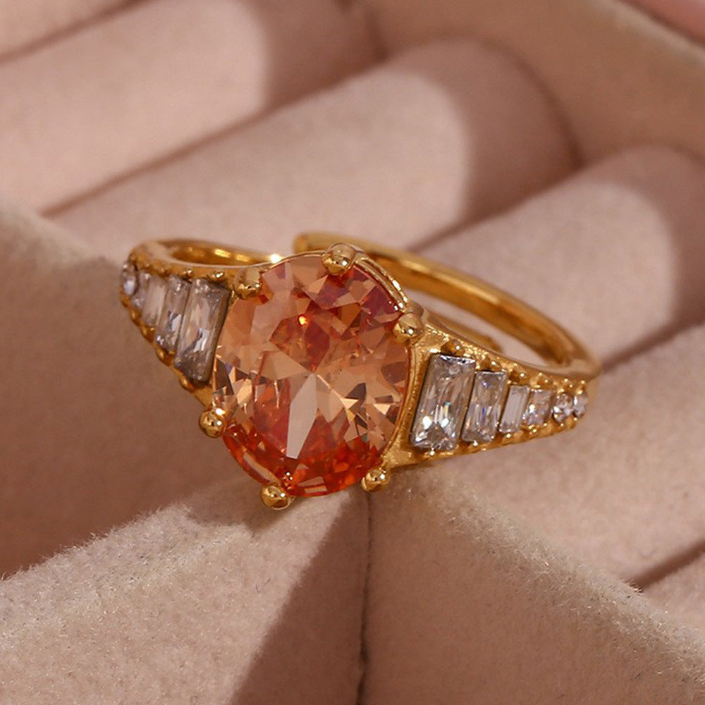 Anello minimalista geometrico in acciaio inossidabile placcato oro 18K con zirconi ovali da donna