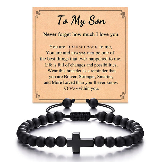 Matte Black Agate Cross Beaded Bracelet for Men