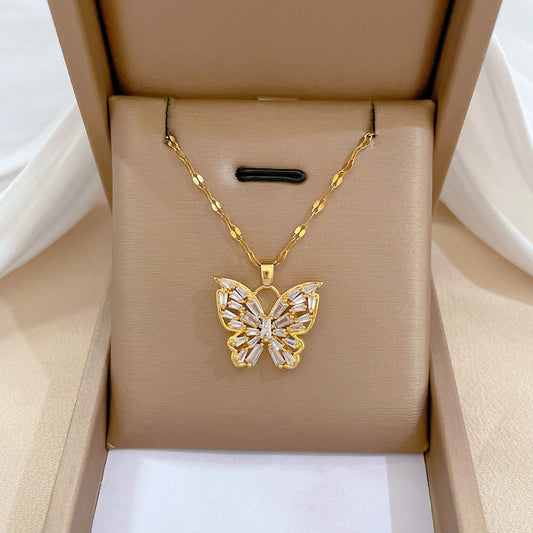 Luxury Butterfly Pendant Necklace for Women in Titanium Steel with Rhinestone Inlay, Geometric Design, Delicate Clavicle Chain for Wedding and Formal Events