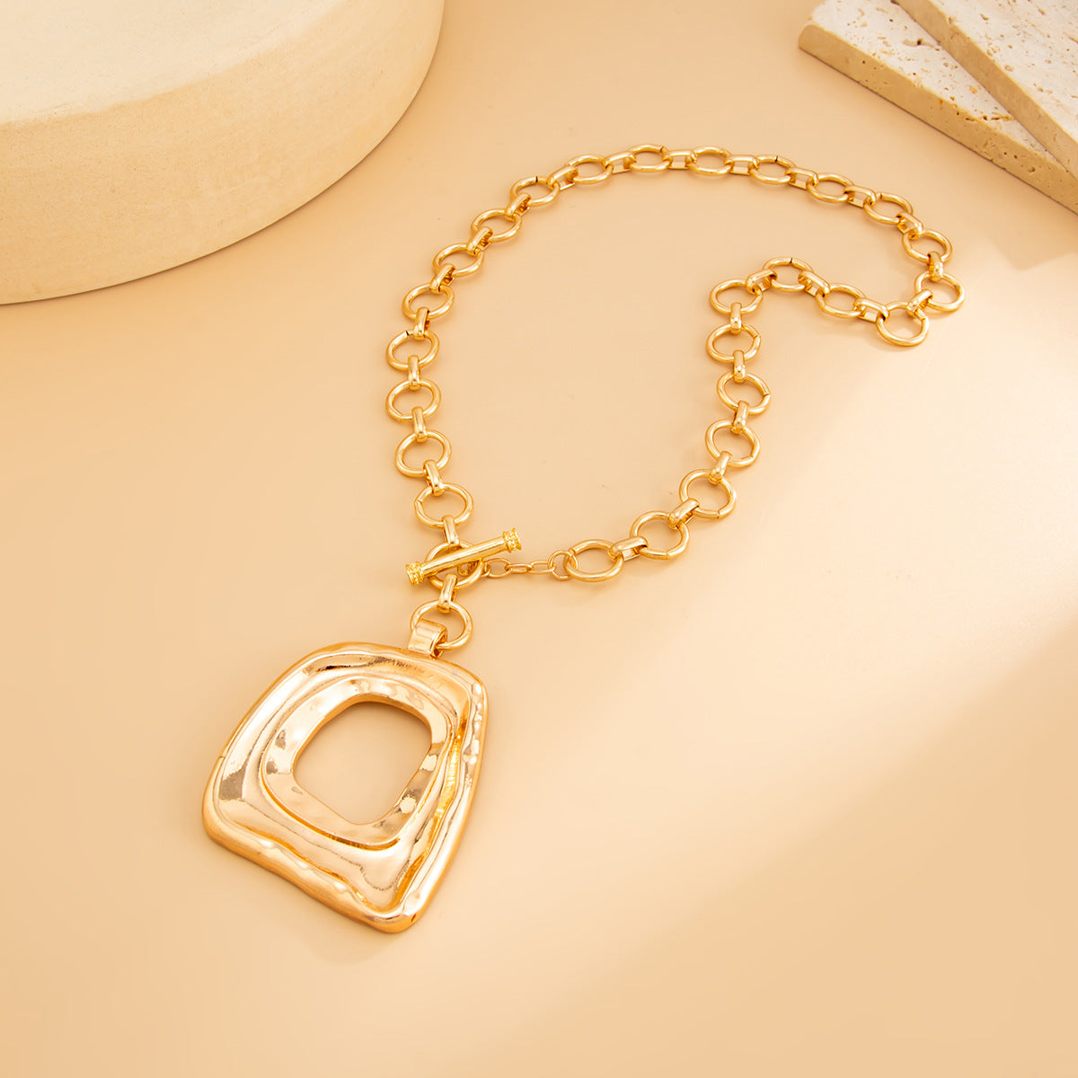 Minimalist Luxury Geometric Square Hollow Alloy Plated Pendant Necklace with OT Clasp for Women