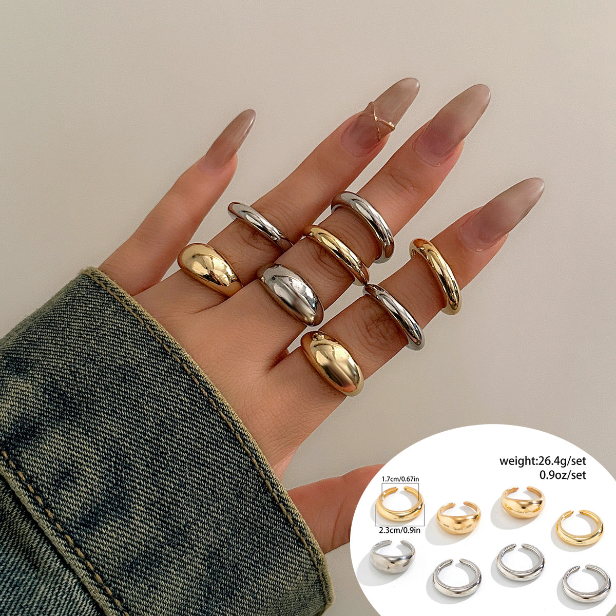 Minimalist Geometric Polished Alloy Ring Set for Women with Smooth Rounded Open Band Design