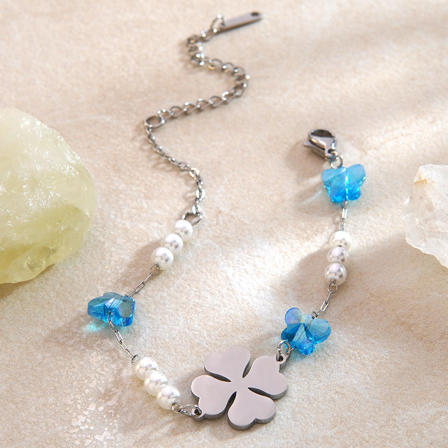 Vintage Floral Stainless Steel Bracelet with Pearl Inlay