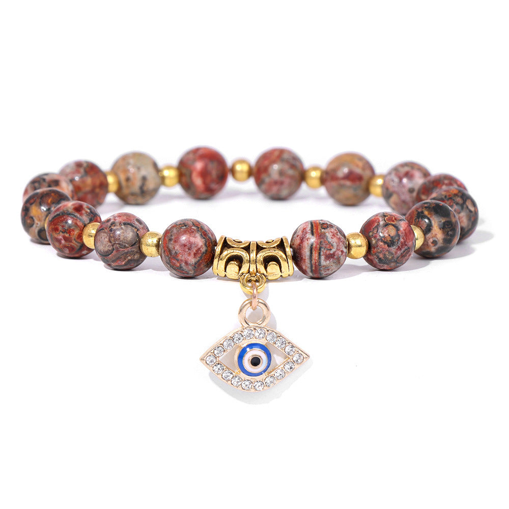 Vintage Minimalist Geometric Agate Beaded Bracelet with Evil Eye Pendant Unisex Jewelry