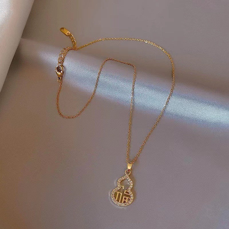 Minimalist Hollow Carved Calabash Pendant Necklace in Titanium Steel with Gold Plating for Men