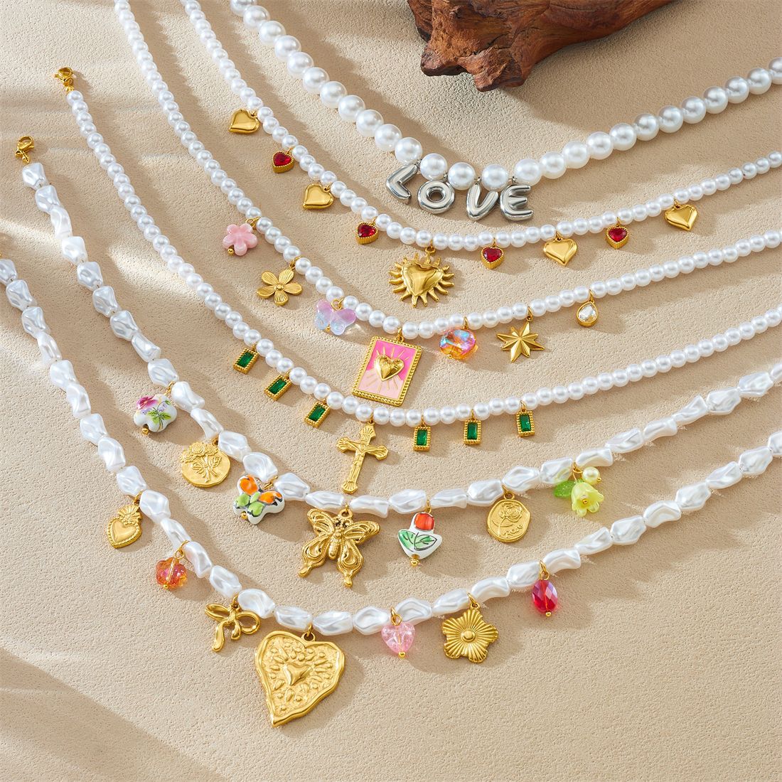 Vintage Elegant Heart Bow Stainless Steel Plated Pearl Ball Chain Necklace for Women