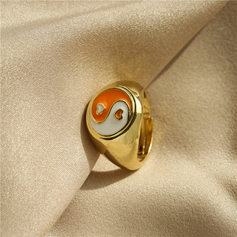 Colorful Drip Oil Heart Geometric Brass Ring with 18K Gold Plating Adjustable