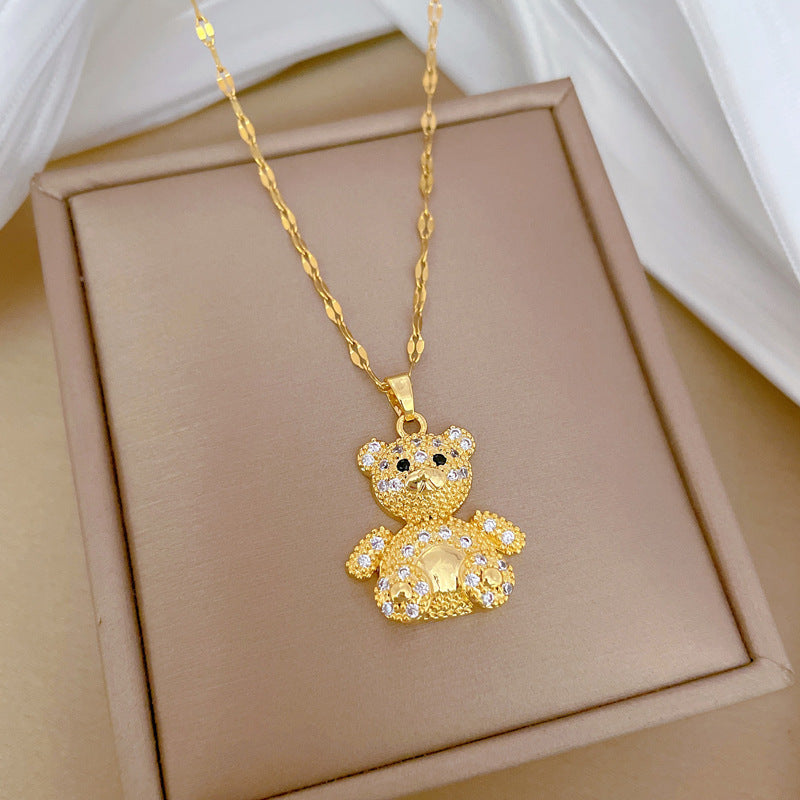 Collana con ciondolo orso minimalista geometrico a diamante intero da donna, catena in acciaio al titanio con accento luna