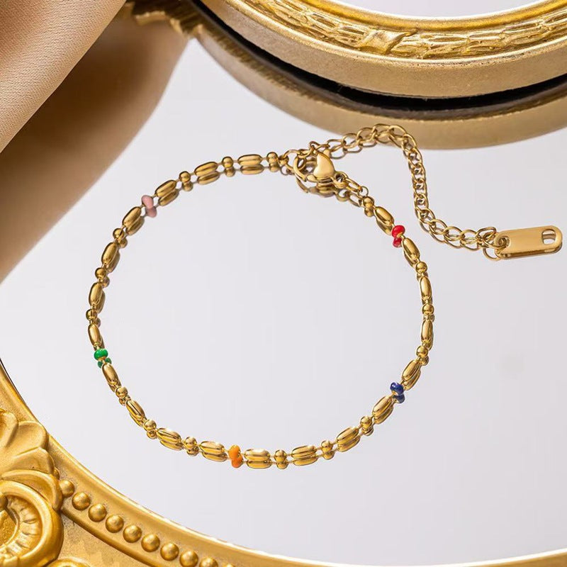 Minimalist Elegant 18K Gold Plated Stainless Steel Titanium Steel Geometric Round Seed Bead Necklace Bracelet Set