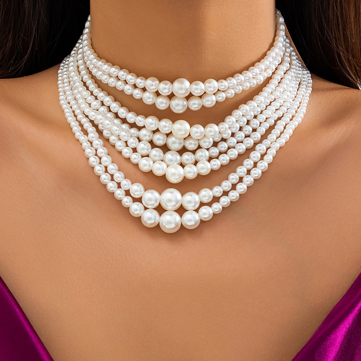 Vintage French-Inspired Multi-Layer Pearl-Style Choker Necklace for Women with Geometric Beads and Ball Chain