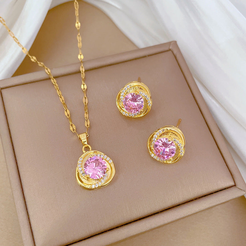 Luxury Fresh and Sweet Plated Brass Zircon Micro-Pave Earrings and Necklace Set