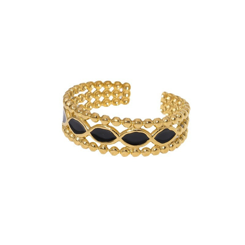 Vintage French-Inspired Geometric Stainless Steel Open Ring with Enamel Finish and 18K Gold Plating for Women