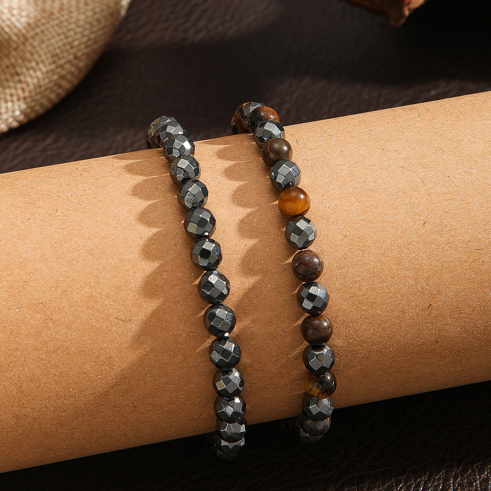 Business Geometric Round Tiger Eye and Hematite Handmade Beaded Stretch Bracelet for Men and Women