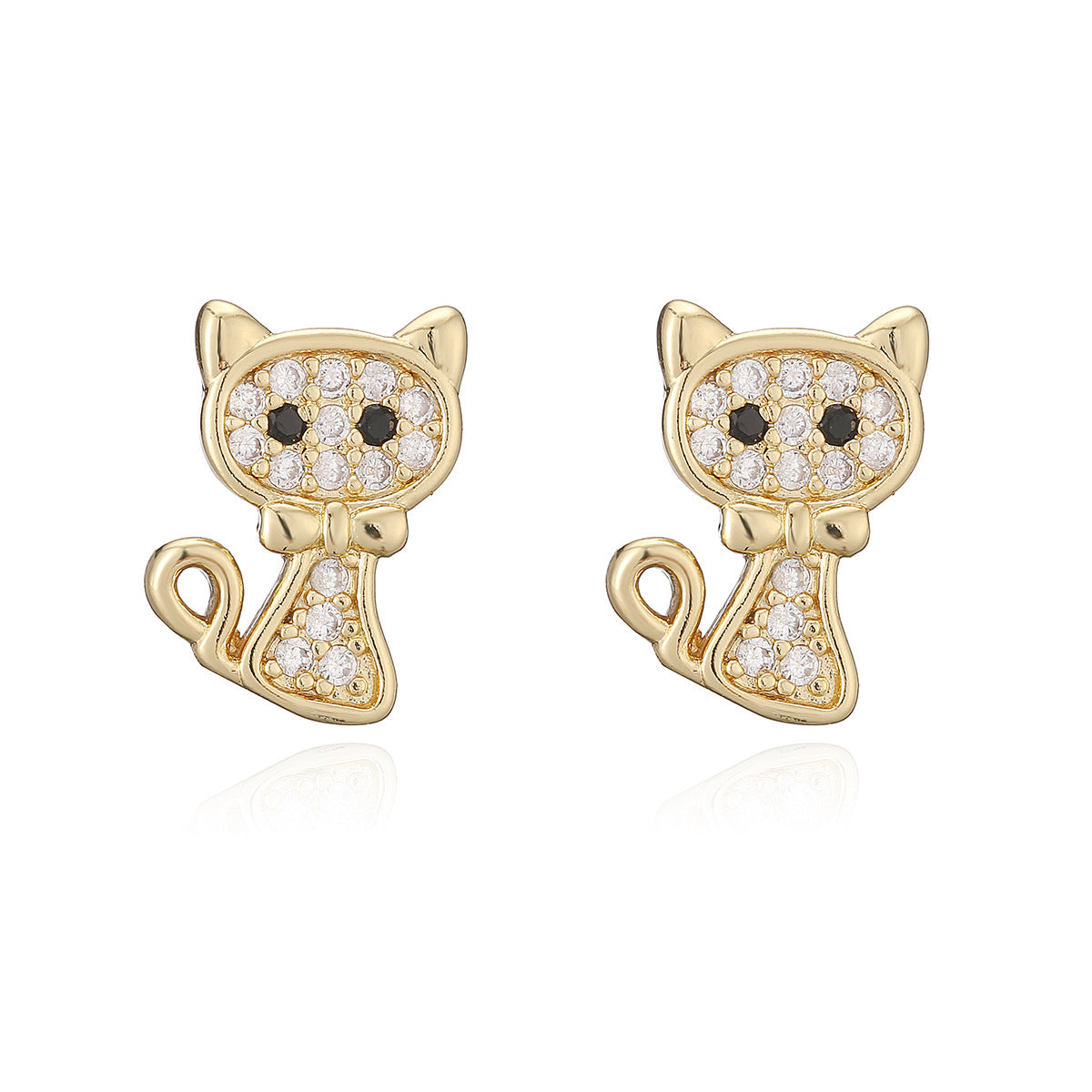 Exquisite 18K Gold Plated Brass Geometric Cat and Bee Stud Earrings with Cubic Zirconia for Women