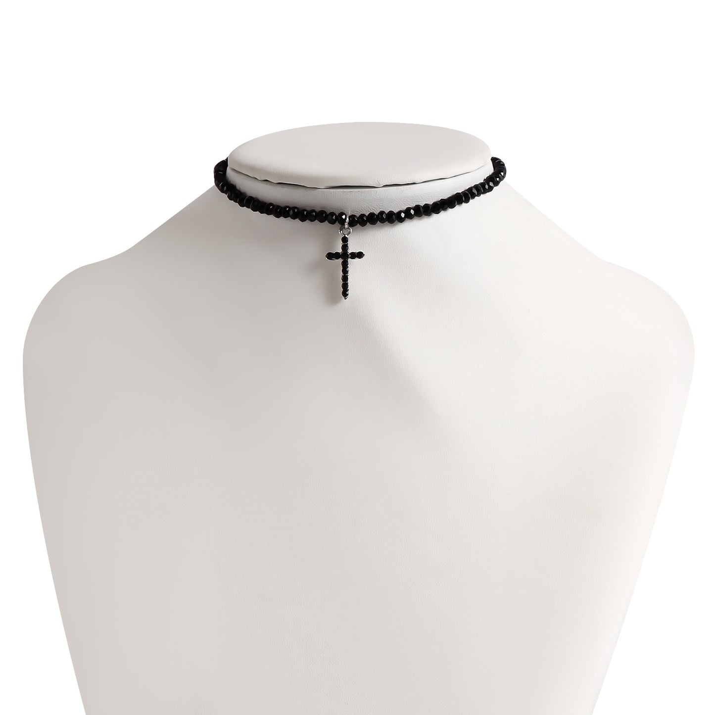 Minimalist Cross Pendant Necklace with Black Crystal Beads on Choker Chain for Women