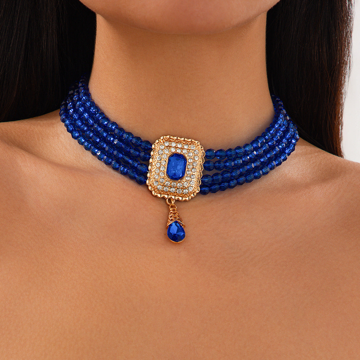 Collar tipo gargantilla de cristal estilo francés vintage con dijes geométricos cuadrados y de lágrima en cadena de perlas para mujer