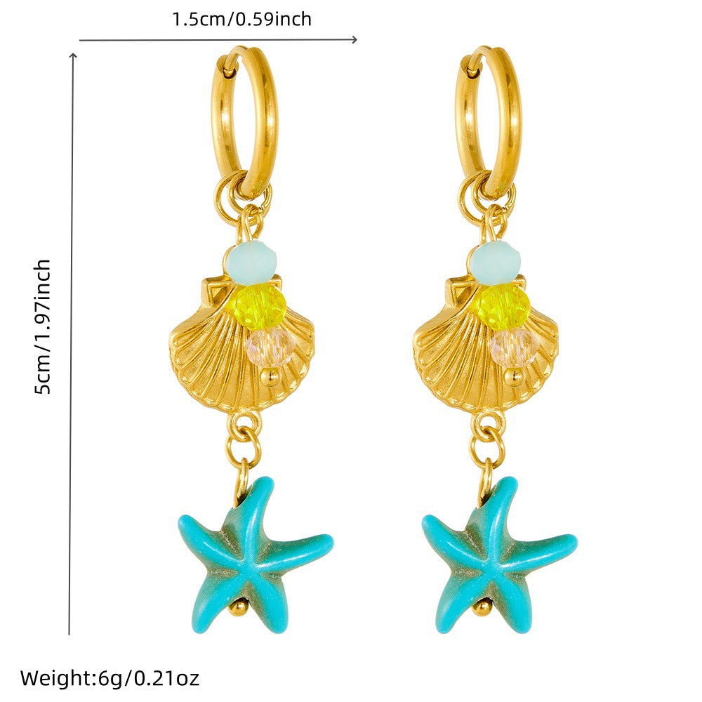 Casual Elegant Star Stainless Steel Plated Colorful Beaded Starfish Dangle Earrings for Women