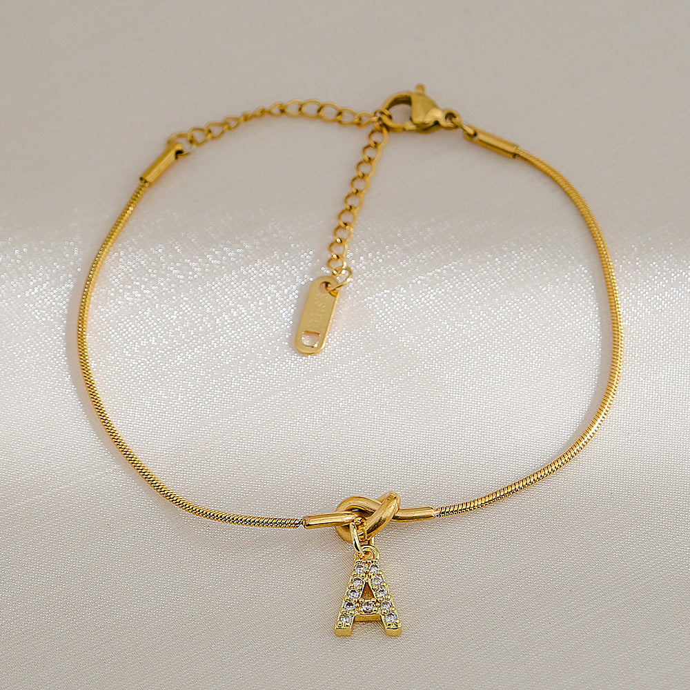 18K Gold Plated Stainless Steel Letter Heart Knot Charm Bar Bracelet for Women