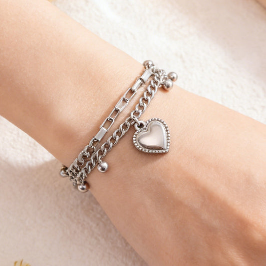 Elegant 18K Gold Plated Heart Stainless Steel Double Layer Bracelet for Women