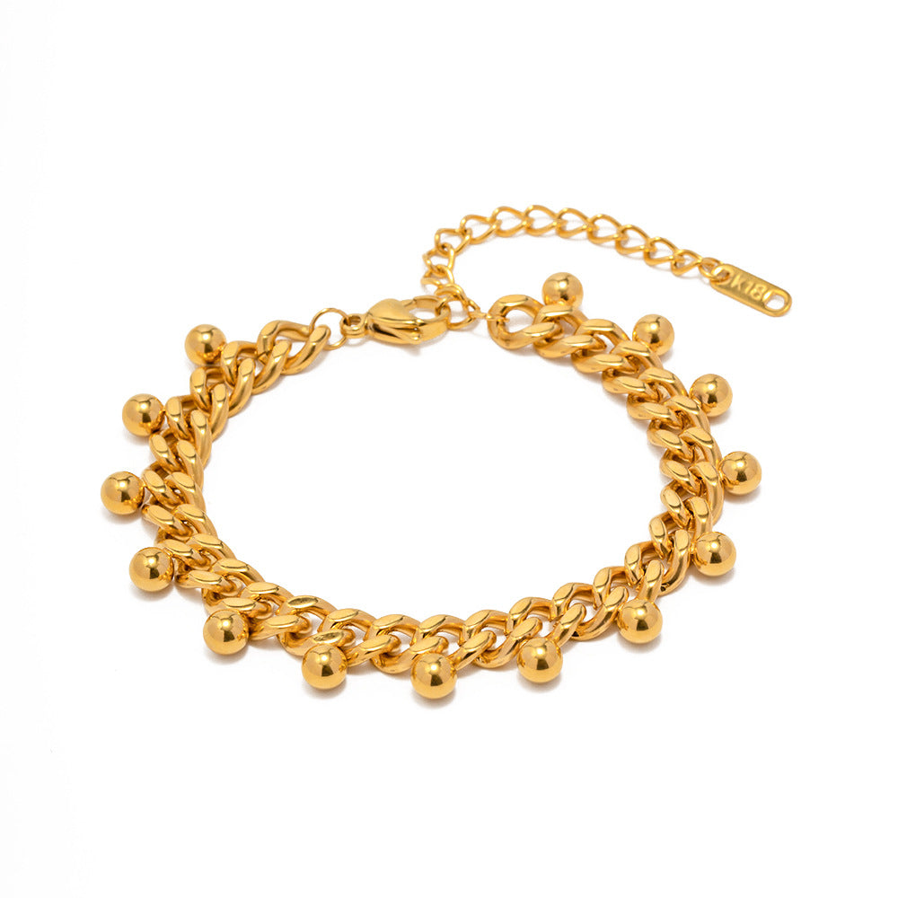 Trendy Geometric Tassel Bracelet 18K Gold Plated Stainless Steel Cuban Chain Beaded Design for Women