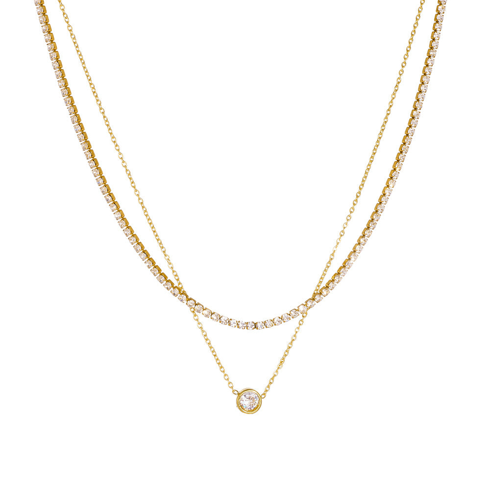 Minimalist Elegant Round Heart Rhinestone Inlay Stainless Steel Double Layer Necklace for Women