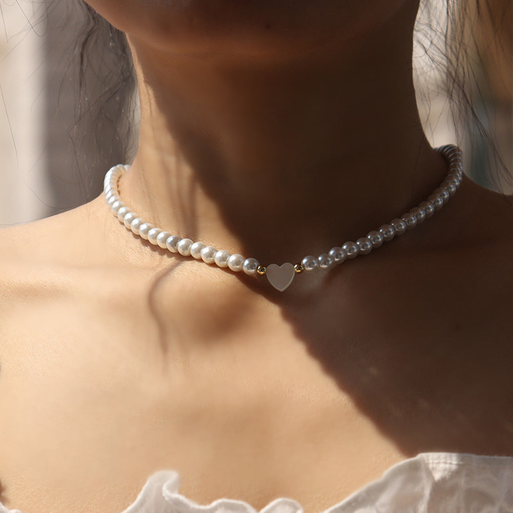 Vintage Sweet Heart Alloy Simulated Pearl Necklace Snake Chain