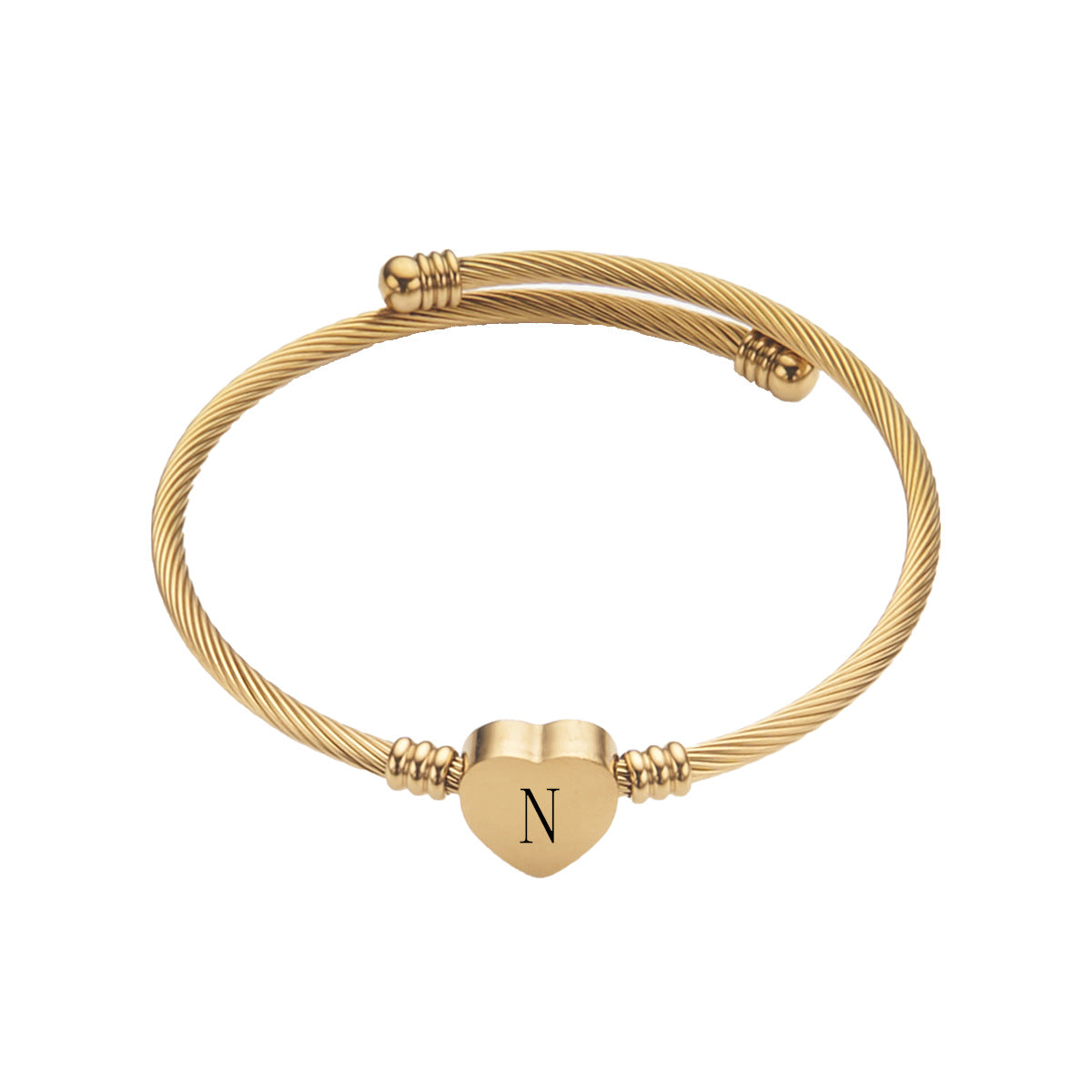 Pulsera ajustable abierta con alambre de acero inoxidable y letra o corazón con acabado pulido