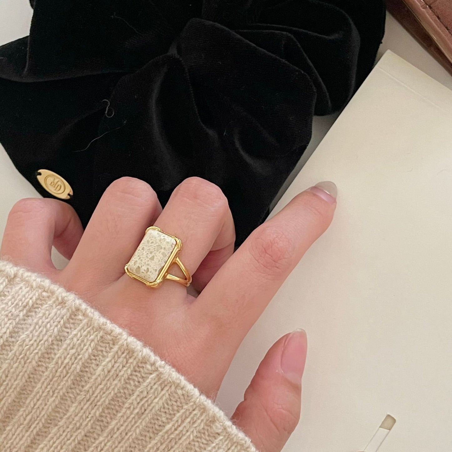 Anello a Cuore Vintage Minimalista in Argento Sterling 925 con Texture in Marmo da Donna